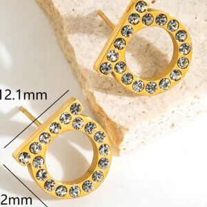 18K GOLD DIP MATTE GEOMETRIC GOLD STATEMENT STUD DARK CZ INLAY EARRINGS